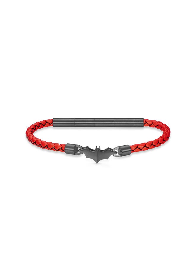 Batarang Men's Red Leather Bracelet with Black Stainless Steel Pendant, Magnetic Closure