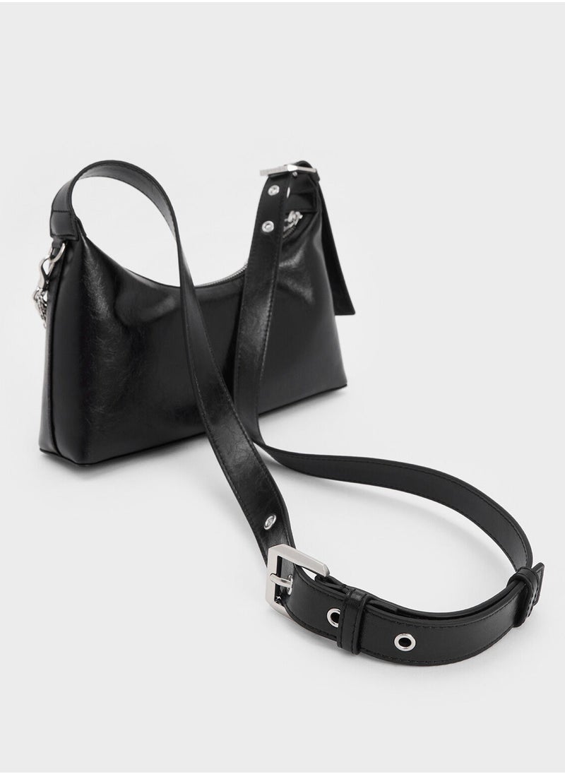 CHARLES & KEITH Shoulder Bag & Crossbody Bag Atwood Crinkle-Effect Chain-Embellished Hobo Bag - Black