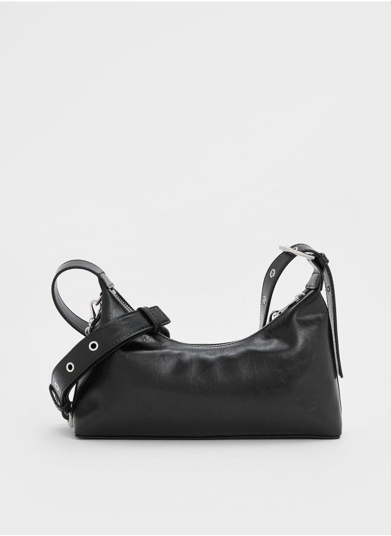 CHARLES & KEITH Shoulder Bag & Crossbody Bag Atwood Crinkle-Effect Chain-Embellished Hobo Bag - Black