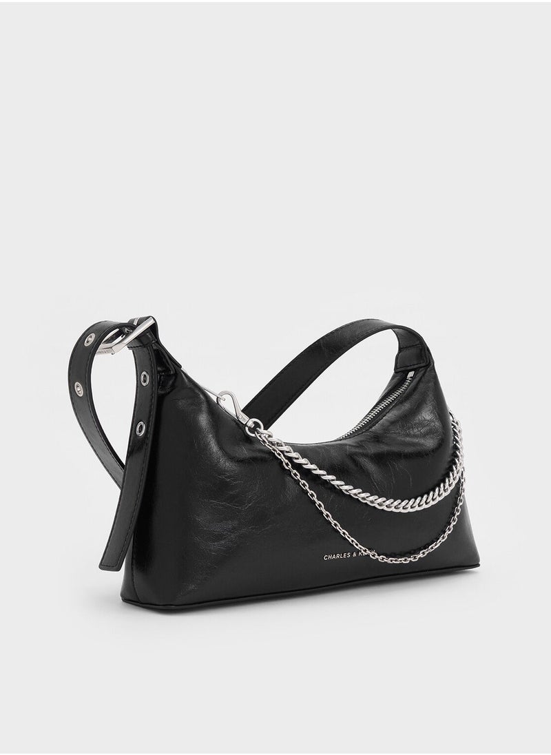 CHARLES & KEITH Shoulder Bag & Crossbody Bag Atwood Crinkle-Effect Chain-Embellished Hobo Bag - Black