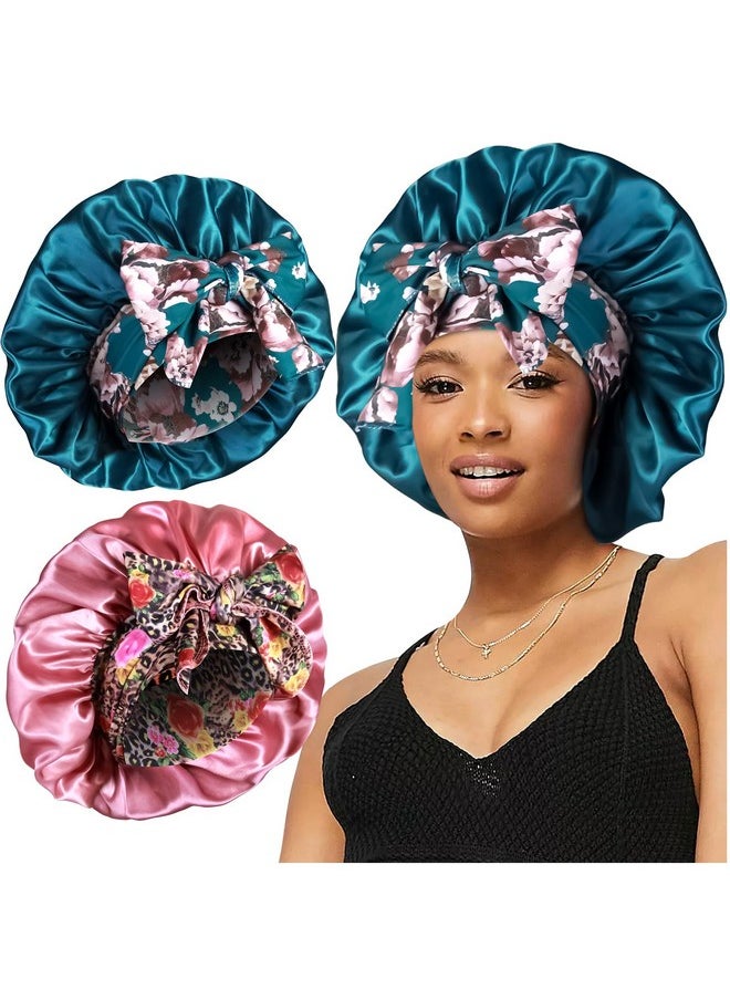 2Pcs Large Silky Bonnets With Tie Band Braid Bonnet, Satin Bonnet For Sleeping Curly Hair, H