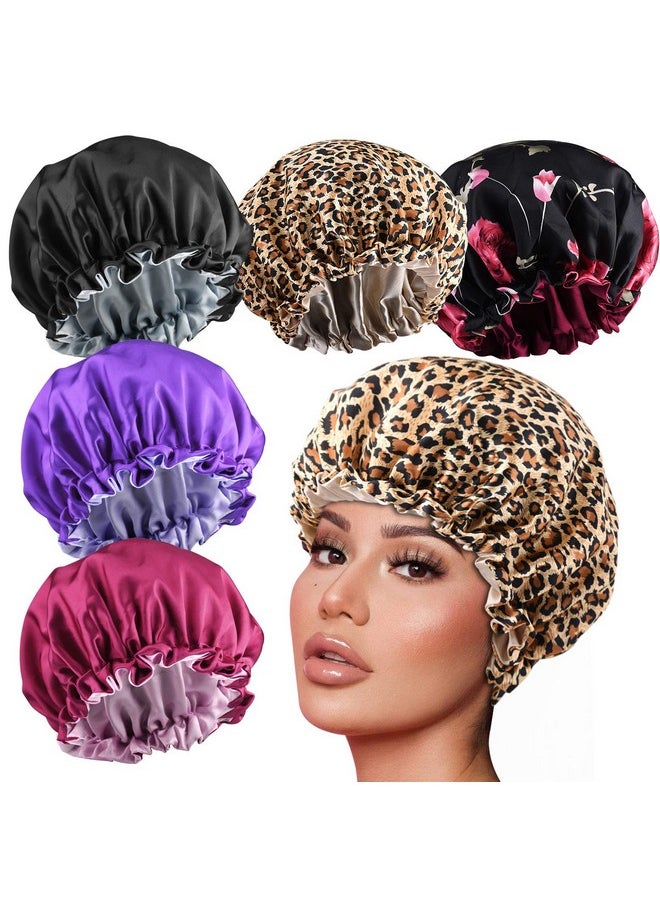 5Pcs Drawstring Large Satin Bonnet For Black Women, Double Layer Reversible Silk Hair Cap For Curly Hair Braids,C