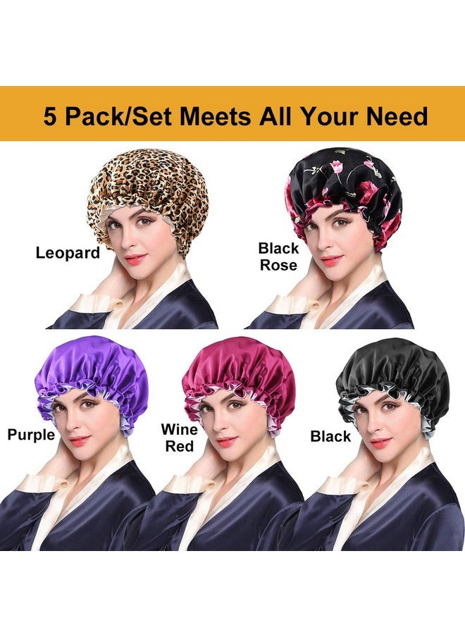 5Pcs Drawstring Large Satin Bonnet For Black Women, Double Layer Reversible Silk Hair Cap For Curly Hair Braids,C