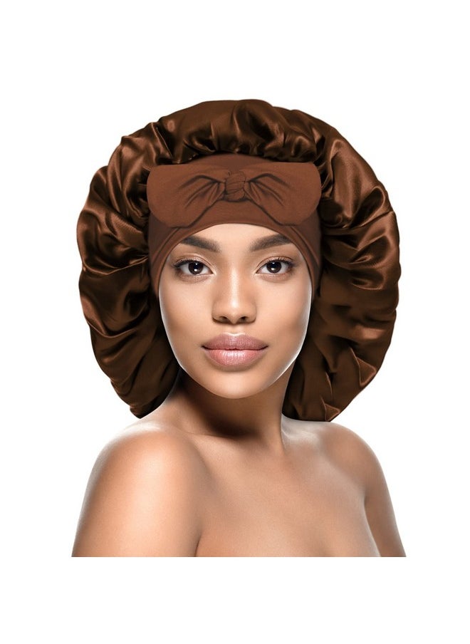 Satin Silk Bonnet For Women - Large Sleep Cap With Tie Band For Curly Dreadlock Braid Hair Care (Brown)