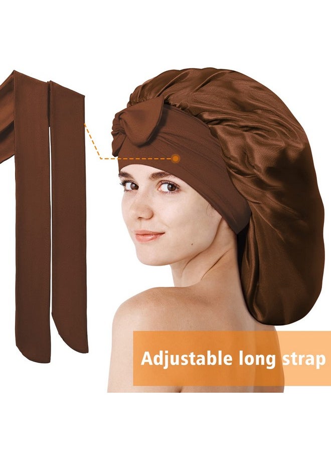 Satin Silk Bonnet For Women - Large Sleep Cap With Tie Band For Curly Dreadlock Braid Hair Care (Brown)