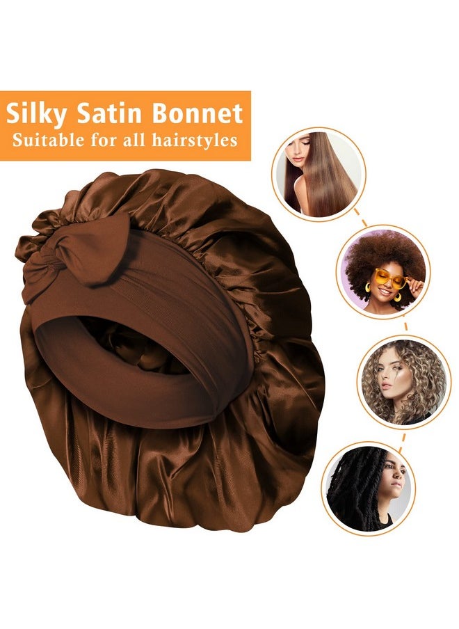 Satin Silk Bonnet For Women - Large Sleep Cap With Tie Band For Curly Dreadlock Braid Hair Care (Brown)