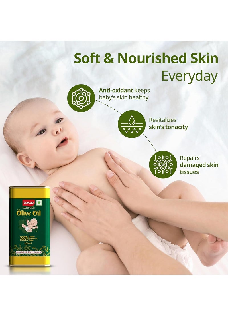 LuvLap Naturals Baby Body Massage Olive Oil, 200 ML, Spanish Premium Olive Oil, Enhances Bone & Muscle Strength, 200 ML