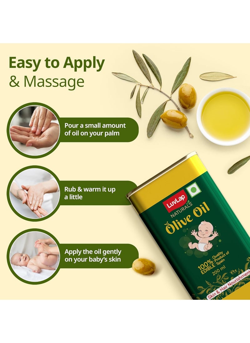 LuvLap Naturals Baby Body Massage Olive Oil, 200 ML, Spanish Premium Olive Oil, Enhances Bone & Muscle Strength, 200 ML