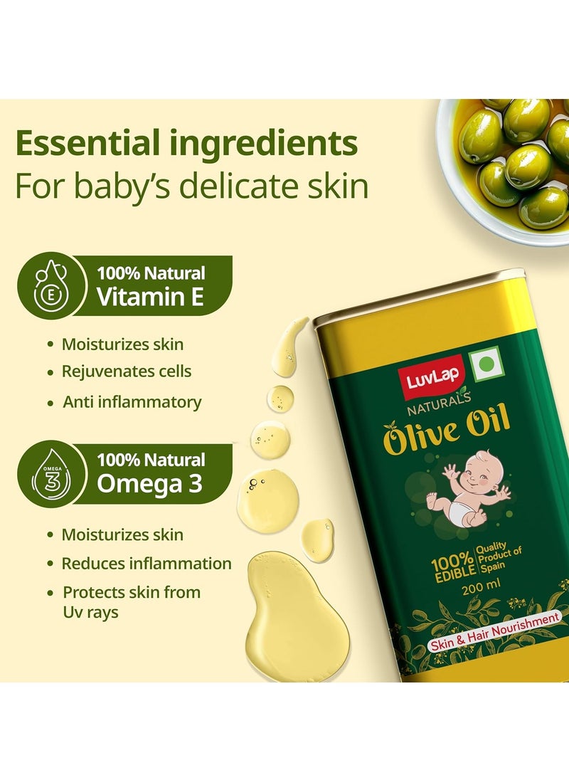 LuvLap Naturals Baby Body Massage Olive Oil, 200 ML, Spanish Premium Olive Oil, Enhances Bone & Muscle Strength, 200 ML