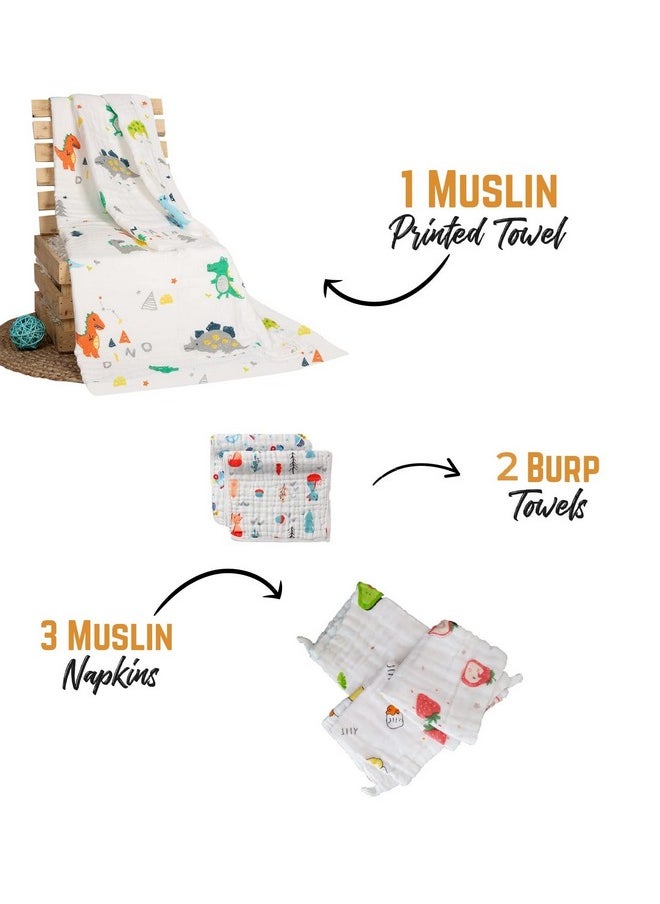 Unisex Baby Organic Cotton Super Soft Absorbent 6 Item Gift Set | 0-3 Years | Muslin 6 Layer Wash Towel- 60X120 Cm -Printed And Pack Of 3 Napkin And 2 Burp Cloth