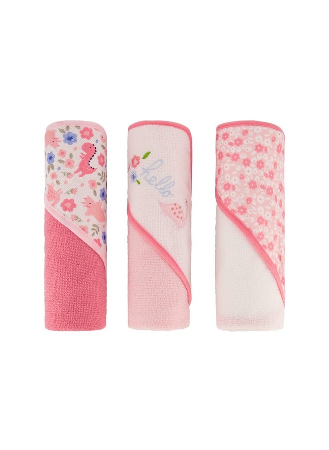 Buttons & Stitches Baby Girl 3 Pack Rolled/Carded Hooded Towels In Butterfly Polka Prin - Hello Floral Dino