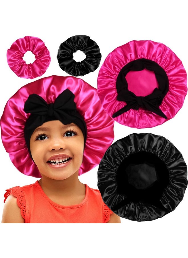 2+2 Satin Bonnets With Scrunchies For Kids, Cute Hair Bonnets For Girls Sleeping Curly Hair, F