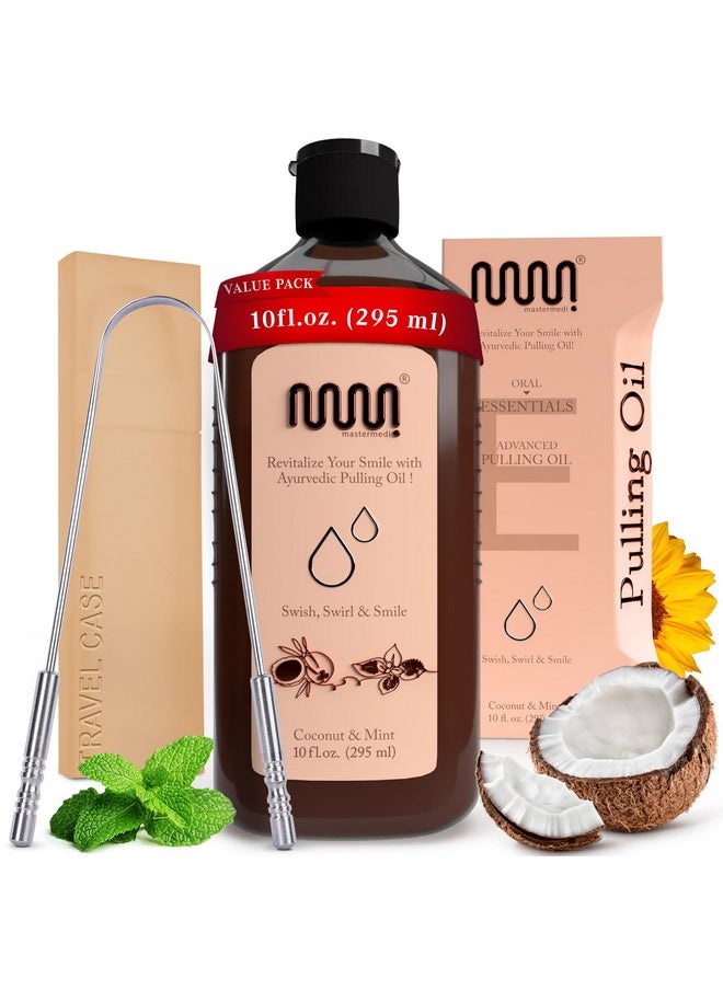Coconut And Peppermint Oil Pulling (10 Fl.Oz), Mouthwash With Tongue Scraper, Alcohol Free Natural Coconut Oil Pulling For Teeth Whitening,Fresh Breath And Healthier Gum (Pack Of 1)