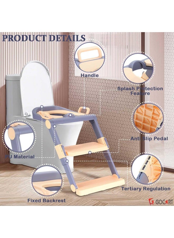Baby Foldable Potty-Trainer Seat For Toilet Potty Stand With Ladder Step Up Training Stool With Non-Slip Steps Ladder Adjustable Foldable For Boys Girls Toddlers Kids (Peach)
