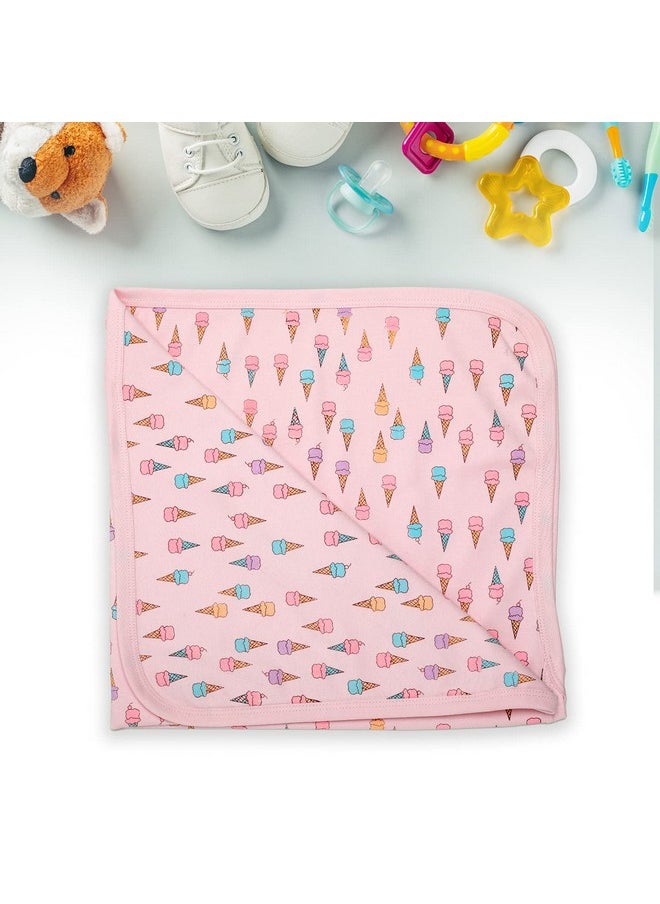 Soft 100% Cotton Hooded Wrapper Cum Warm, Blanket, For New Born Baby To 3 Year Old, 75Cmx75Cm, Ice Cream Print (Pink)