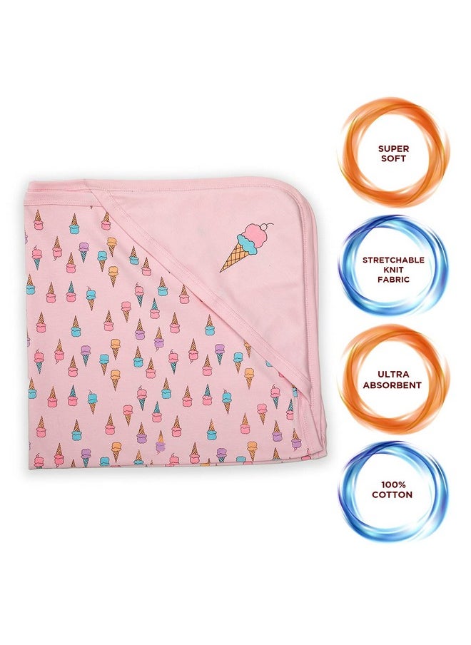 Soft 100% Cotton Hooded Wrapper Cum Warm, Blanket, For New Born Baby To 3 Year Old, 75Cmx75Cm, Ice Cream Print (Pink)