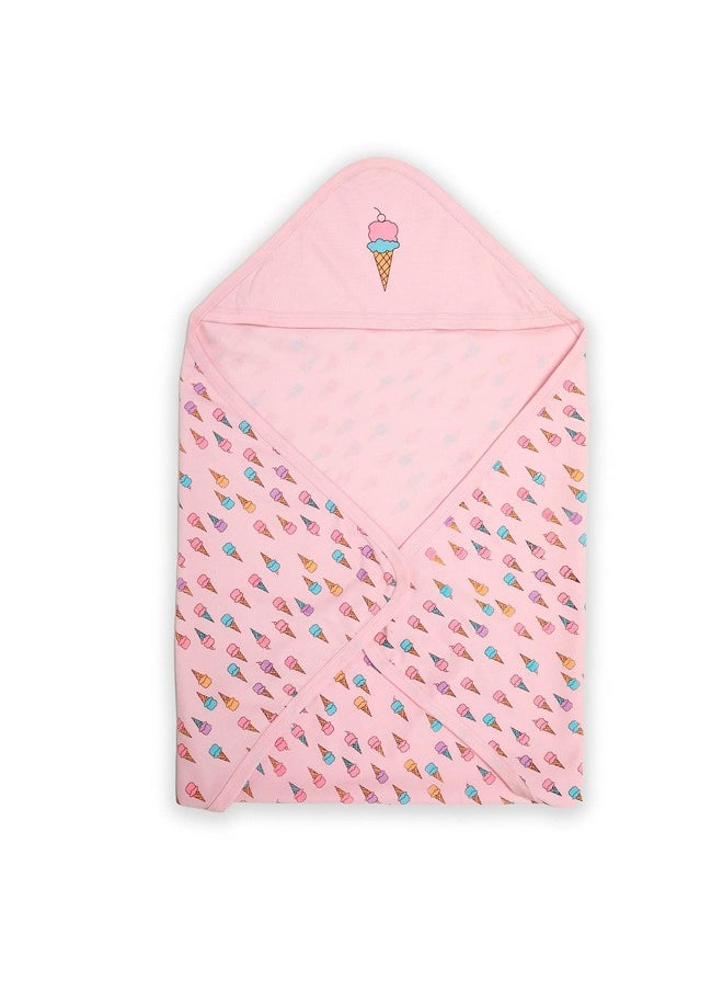 Soft 100% Cotton Hooded Wrapper Cum Warm, Blanket, For New Born Baby To 3 Year Old, 75Cmx75Cm, Ice Cream Print (Pink)