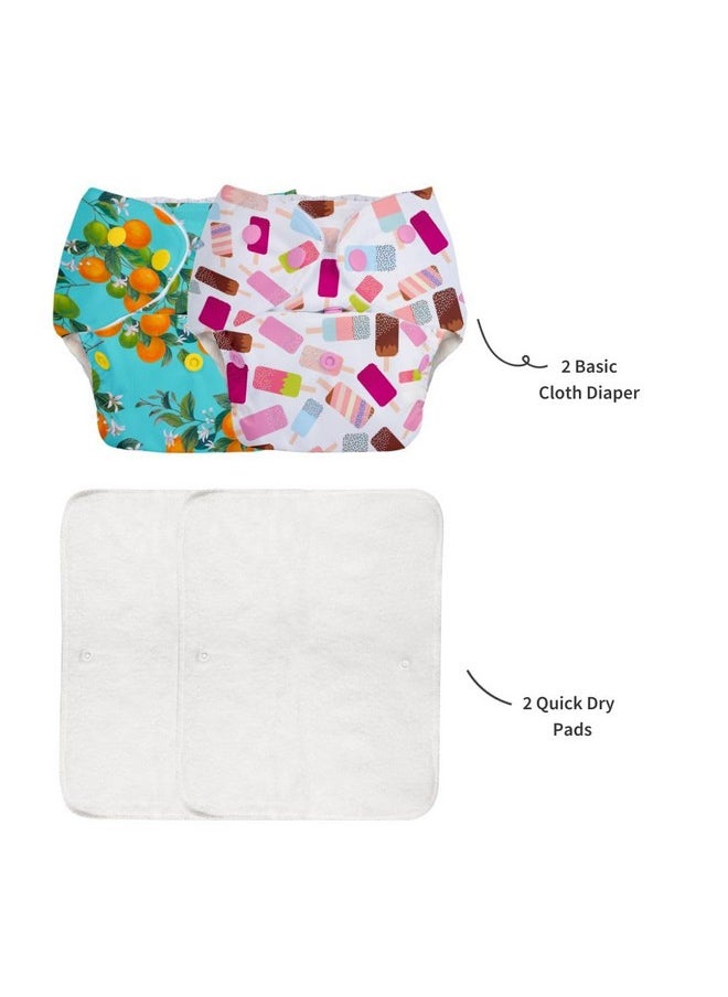 Basic Easy - Pack Of 2 | 2 Cloth Diaper+2 Inserts- Freesize Adjustable, Washable And Reusable Cloth Diaper For Babies 0-3 Years | - Assorted 2