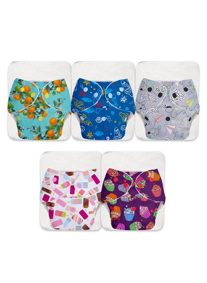 Basic Pack Of 10 (5 Shell + 5 Insert) Freesize Adjustable, Washable And Reusable Cloth Diaper For Babies 3 Months -3 Years | One Size Adjustable Diapers | Assorted Prints