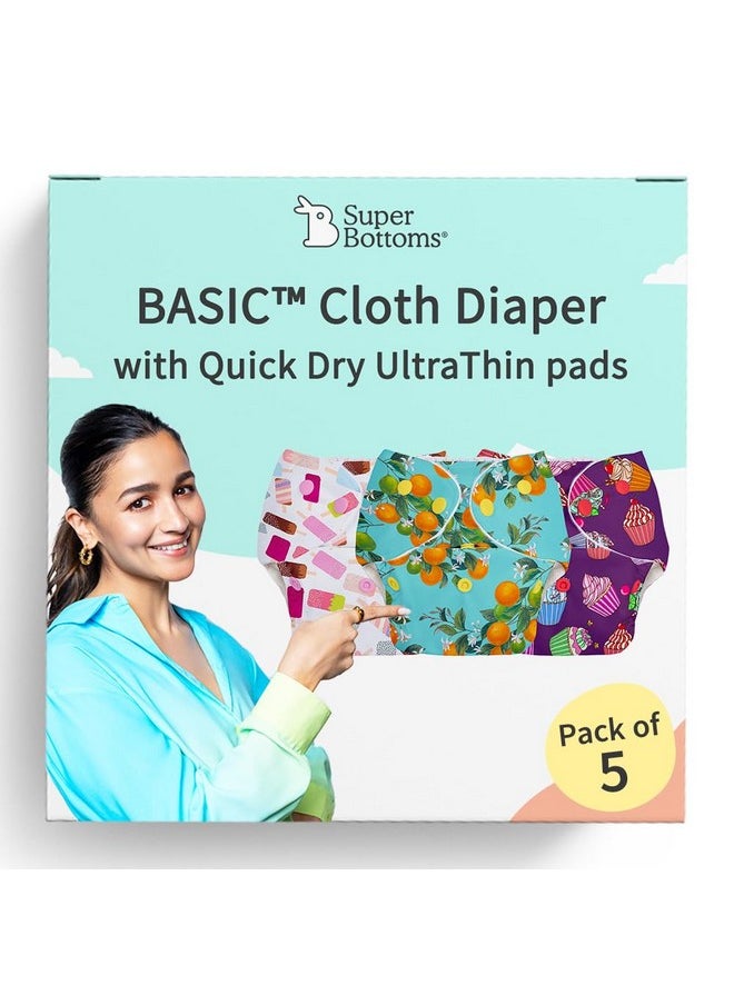 Basic Pack Of 10 (5 Shell + 5 Insert) Freesize Adjustable, Washable And Reusable Cloth Diaper For Babies 3 Months -3 Years | One Size Adjustable Diapers | Assorted Prints