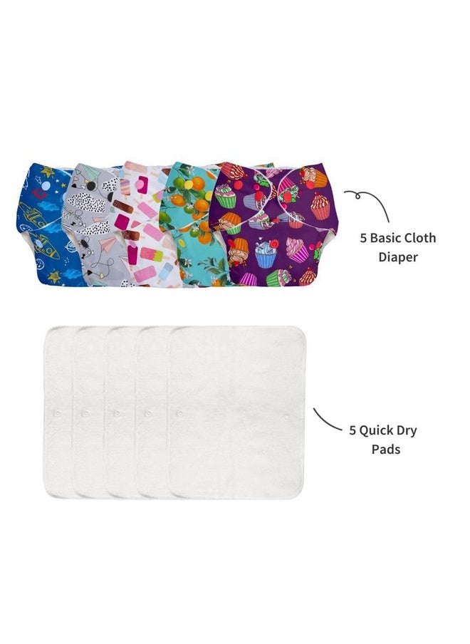 Basic Pack Of 10 (5 Shell + 5 Insert) Freesize Adjustable, Washable And Reusable Cloth Diaper For Babies 3 Months -3 Years | One Size Adjustable Diapers | Assorted Prints