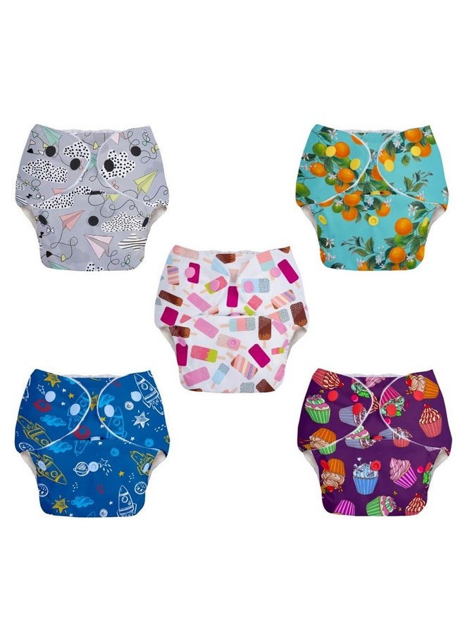 Basic Pack Of 10 (5 Shell + 5 Insert) Freesize Adjustable, Washable And Reusable Cloth Diaper For Babies 3 Months -3 Years | One Size Adjustable Diapers | Assorted Prints