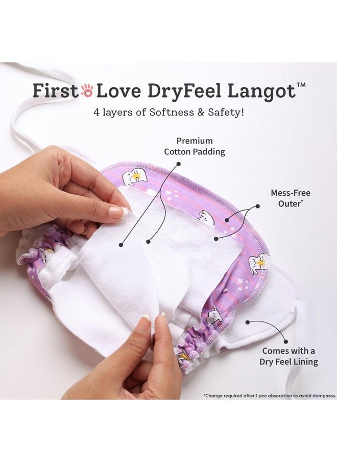 Dry Feel Padded Langot - Pack Of 3- Cotton Langot |Cloth Nappy With Gentle Elastics & A Superdryfeel Layer On Top (Printed Collection, Size 2 (Fits 5-10 Kg)