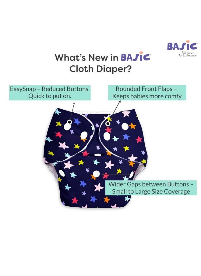 Basic Easy - Pack Of 8 |4 Cloth Diapers+ 4 Inserts - Freesize Adjustable & Reusable Cloth Diaper For Babies 0-3 Years | With Quick Drying Prefold Style Soaker-Assorted