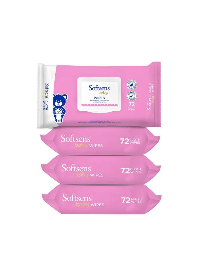 Baby Gentle Cloth Wipes For Baby Skin Enriched With Aloe Vera & Vitamin E I Dermatologically Tested & Parben Free With Lid - 72 Wipes (Pack Of 4)