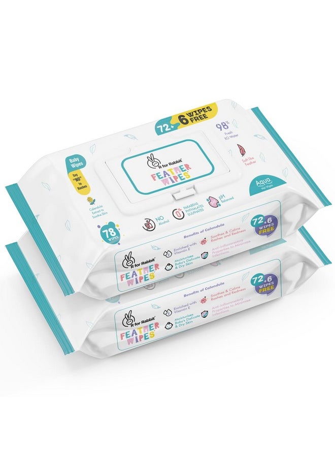 Feather Aqua Baby Wipes Combo Pack Of 156 Units | Pure Water Wet Wipes For Babies With Lid (Combo Of 2 Packs)