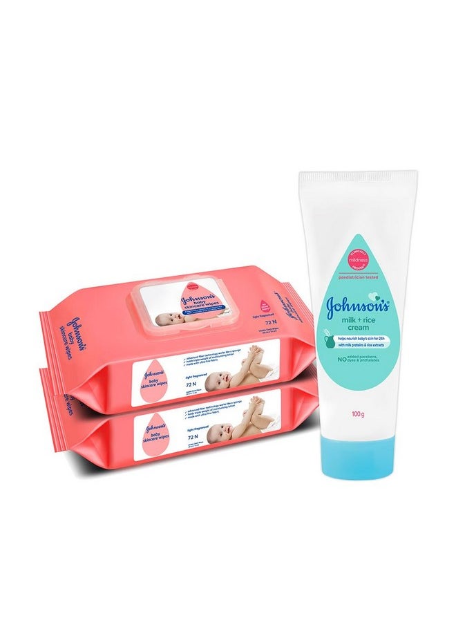 Skincare Wipes With Lid, 72S Twin Pack & Johnson'S Baby Milk & Rice Cream 100G