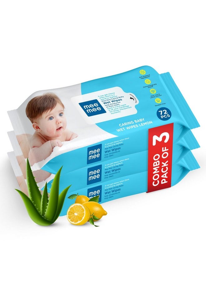 Soft Gentle Baby Wet Wipes (72 Wipes) Pack Of 3 | Infused With Aloe Vera And Lemon Extract | Paraben & Sulfate Free | Cleansing Wipes | Wipes Combo For Babies