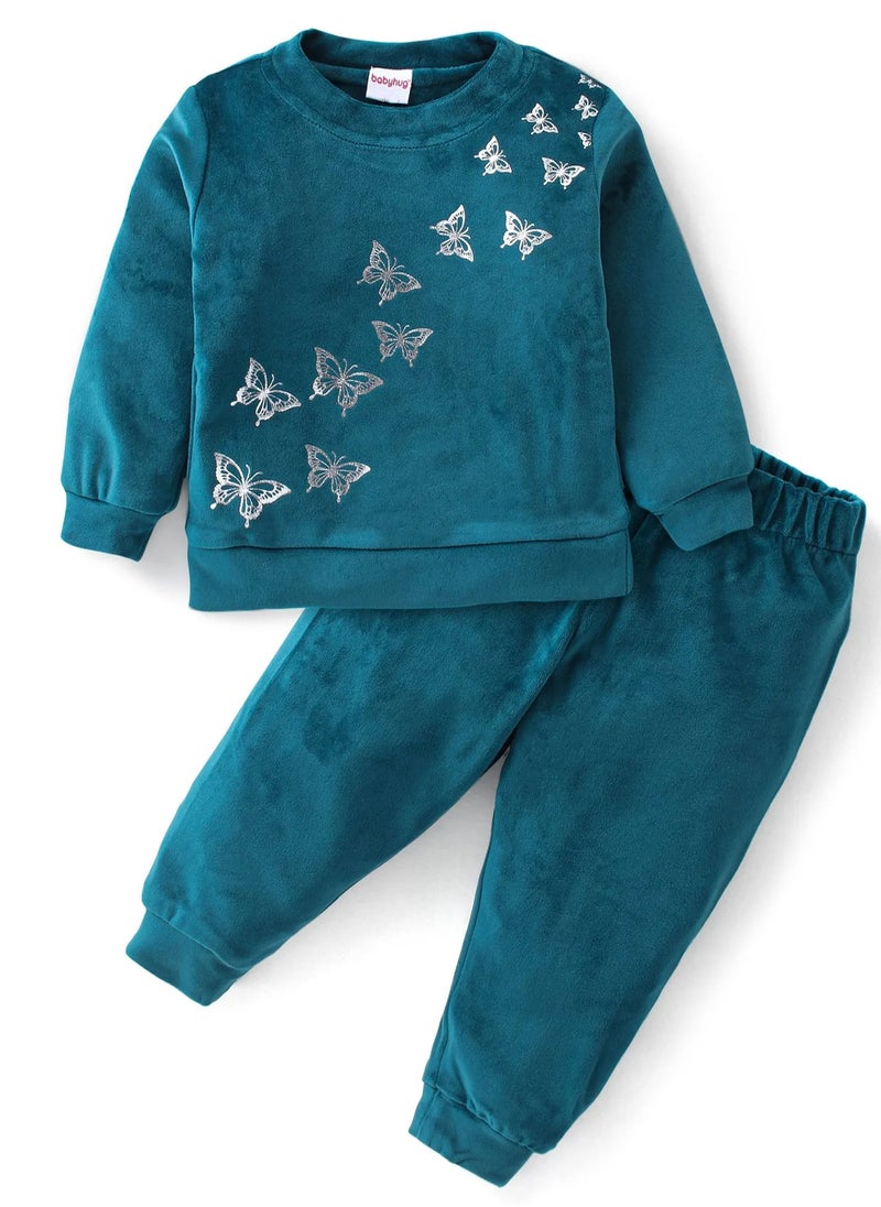 Babyhug Velour Knit Full Sleeves Winter Wear Sweatshirt & Lounge Pants/Co-ord Set with Butterfly Print - Teal(9-24M)