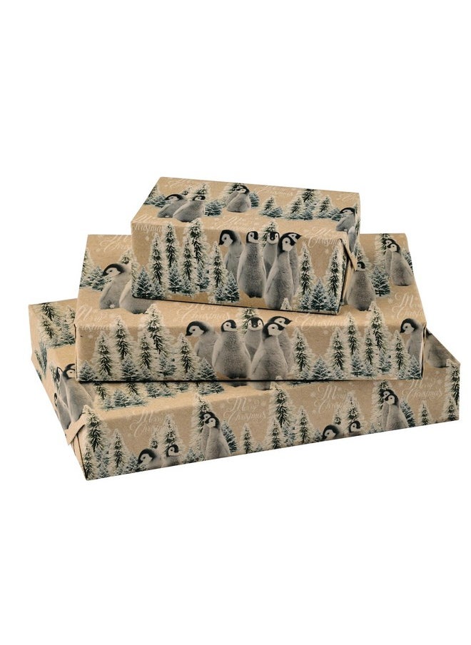 Kraft Christmas Wrapping Paper Roll - Mini Roll - Christmas Penguin And Christmas Tree Pattern Great For Christmas, Holiday And Party - 17 Inches X 32.8 Feet