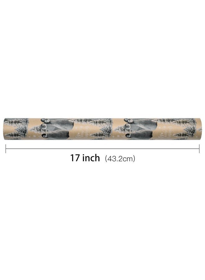 Kraft Christmas Wrapping Paper Roll - Mini Roll - Christmas Penguin And Christmas Tree Pattern Great For Christmas, Holiday And Party - 17 Inches X 32.8 Feet