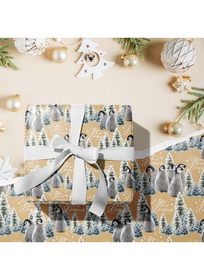 Kraft Christmas Wrapping Paper Roll - Mini Roll - Christmas Penguin And Christmas Tree Pattern Great For Christmas, Holiday And Party - 17 Inches X 32.8 Feet