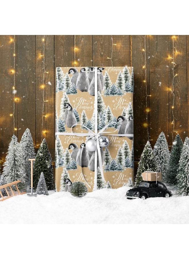 Kraft Christmas Wrapping Paper Roll - Mini Roll - Christmas Penguin And Christmas Tree Pattern Great For Christmas, Holiday And Party - 17 Inches X 32.8 Feet