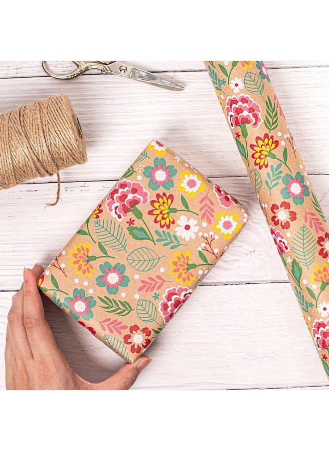 Kraft Wrapping Paper Roll - Mini Roll - Carnation Design Great For Mother'S Day, Birthday, Party, Anniversary - 17 Inches X 32.8 Feet