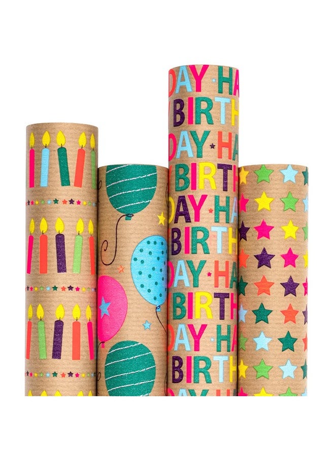 Wrapping Paper Kraft Paper - Colorful Birthday Text Wrap Design - 4 Rolls - 30 Inches X 10 Feet Per Roll