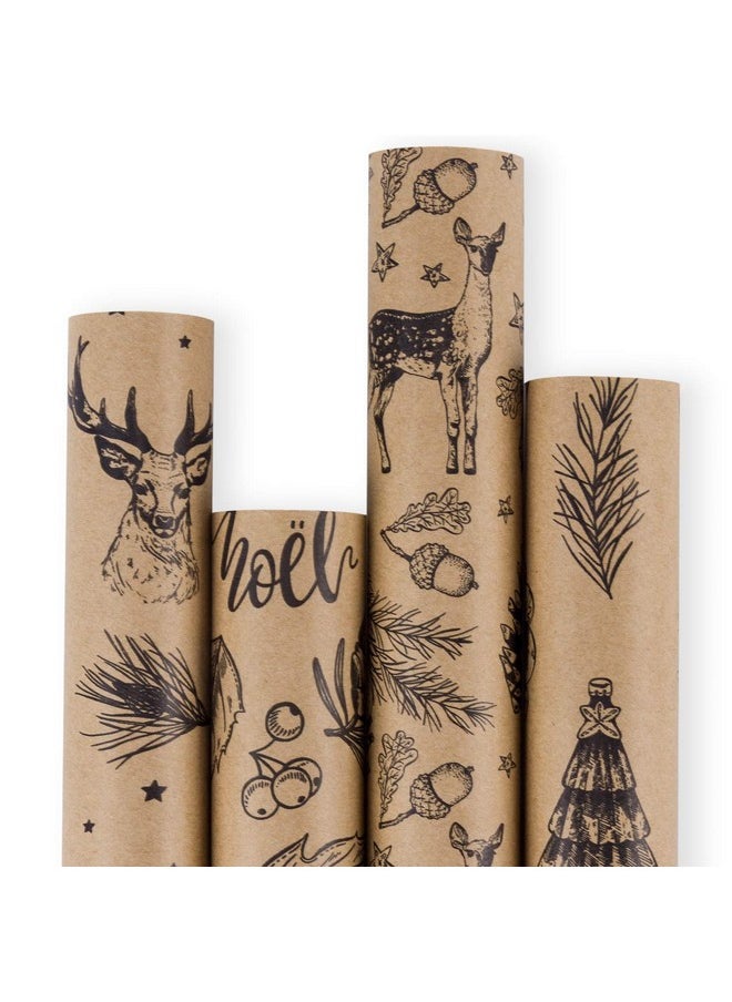 Christmas Wrapping Paper - Brown Kraft Paper With Black Christmas Elements Print Paper - 4 Roll-30Inch X 10Feet Per Roll