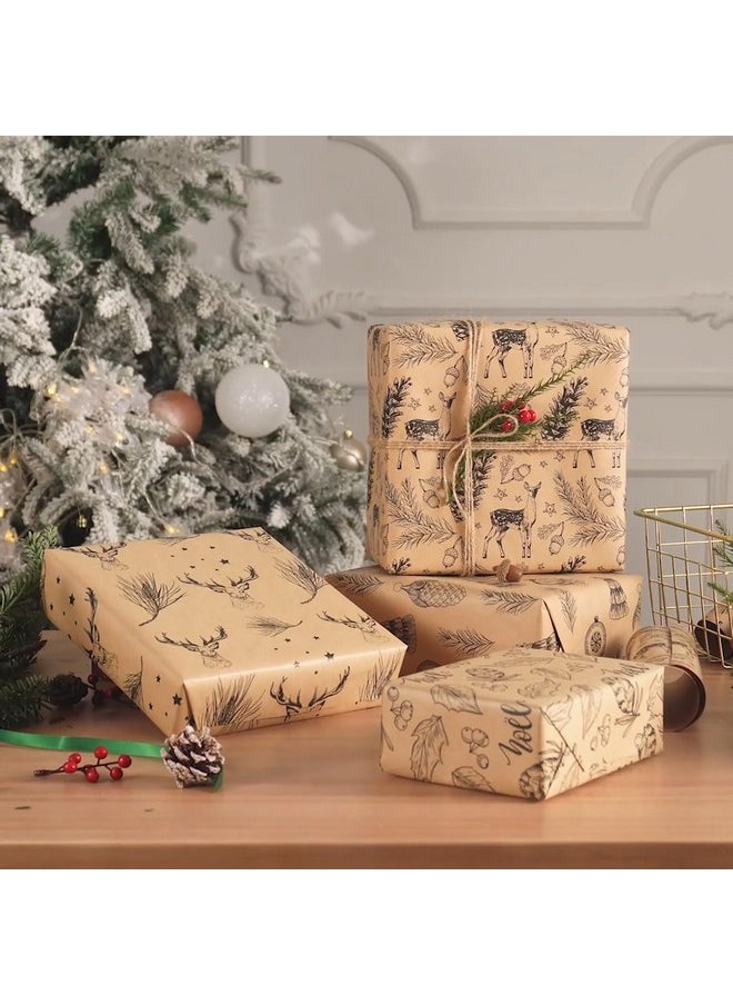 Christmas Wrapping Paper - Brown Kraft Paper With Black Christmas Elements Print Paper - 4 Roll-30Inch X 10Feet Per Roll