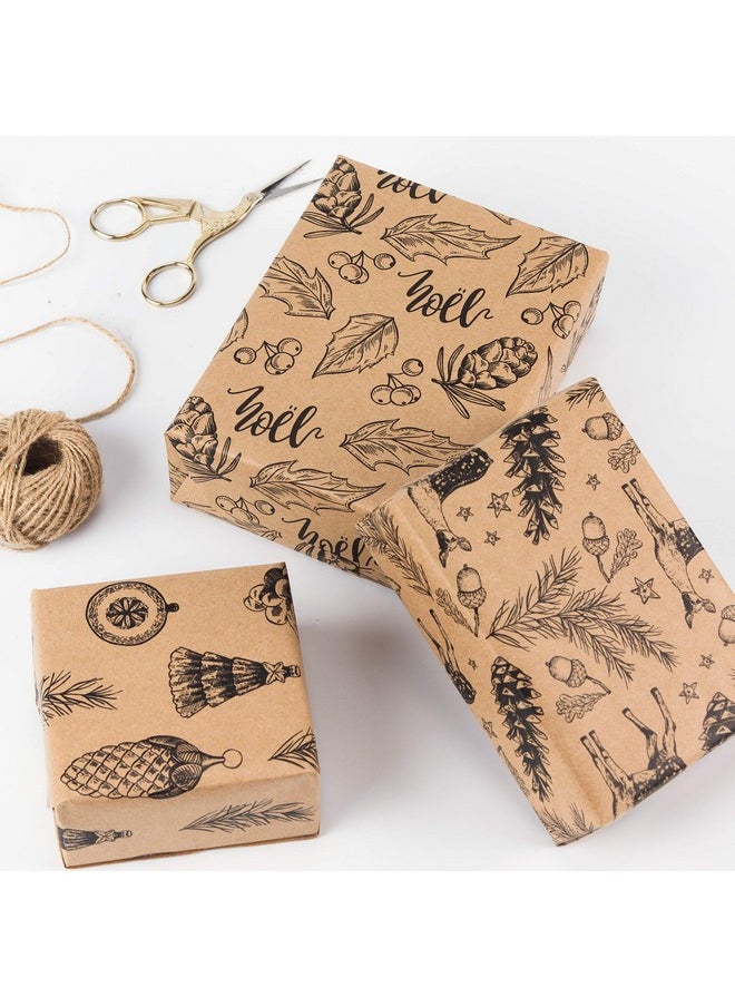 Christmas Wrapping Paper - Brown Kraft Paper With Black Christmas Elements Print Paper - 4 Roll-30Inch X 10Feet Per Roll