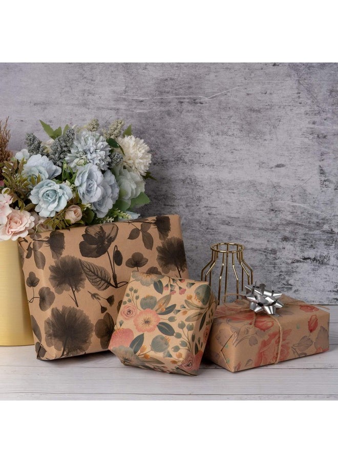 Wrapping Paper Rolls With Tags And Jute String - Mini Roll - 17 Inches X 10 Feet Per Roll, Total Of 3 Rolls, Flowers