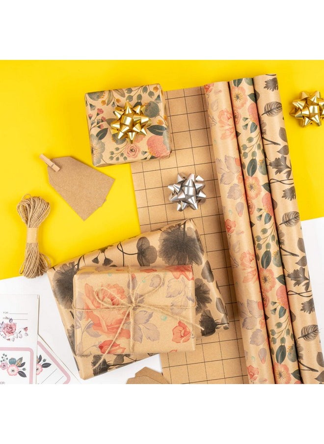 Wrapping Paper Rolls With Tags And Jute String - Mini Roll - 17 Inches X 10 Feet Per Roll, Total Of 3 Rolls, Flowers