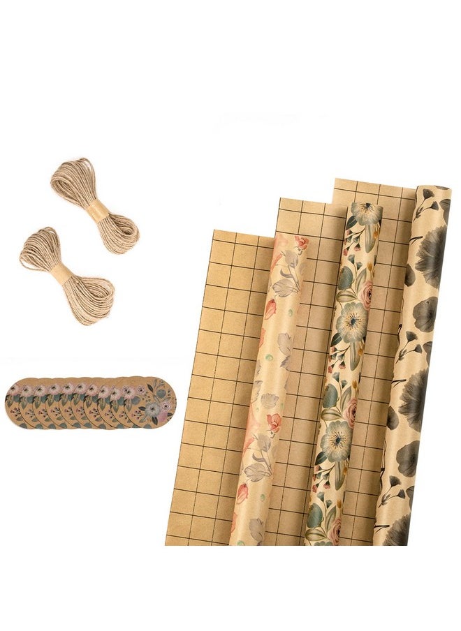 Wrapping Paper Rolls With Tags And Jute String - Mini Roll - 17 Inches X 10 Feet Per Roll, Total Of 3 Rolls, Flowers