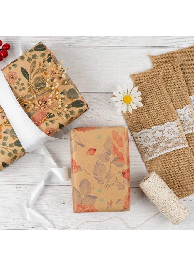 Wrapping Paper Rolls With Tags And Jute String - Mini Roll - 17 Inches X 10 Feet Per Roll, Total Of 3 Rolls, Flowers