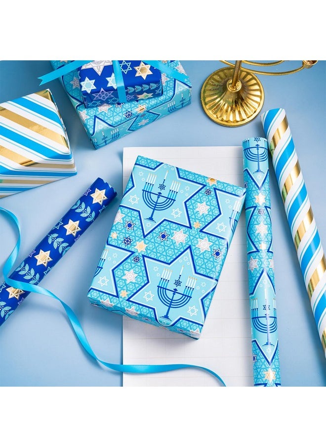 Hanukkah Wrapping Paper Roll With Metallic Foil Shine - Mini Roll - 17 Inches X 10 Feet Per Roll, Total Of 3 Rolls - Blue Menorah, Star Of David And Stripe