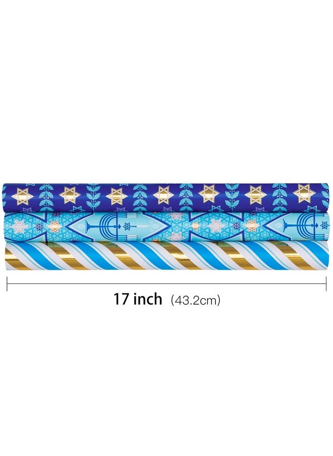 Hanukkah Wrapping Paper Roll With Metallic Foil Shine - Mini Roll - 17 Inches X 10 Feet Per Roll, Total Of 3 Rolls - Blue Menorah, Star Of David And Stripe