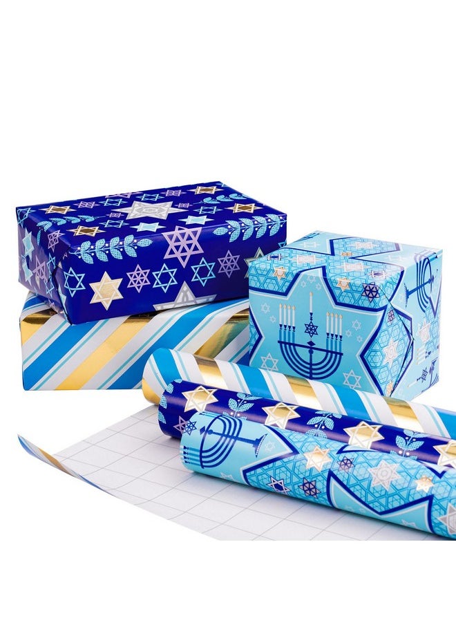 Hanukkah Wrapping Paper Roll With Metallic Foil Shine - Mini Roll - 17 Inches X 10 Feet Per Roll, Total Of 3 Rolls - Blue Menorah, Star Of David And Stripe