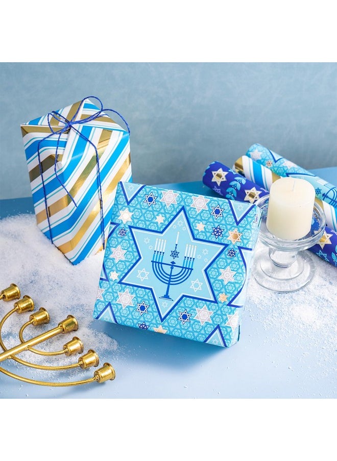 Hanukkah Wrapping Paper Roll With Metallic Foil Shine - Mini Roll - 17 Inches X 10 Feet Per Roll, Total Of 3 Rolls - Blue Menorah, Star Of David And Stripe